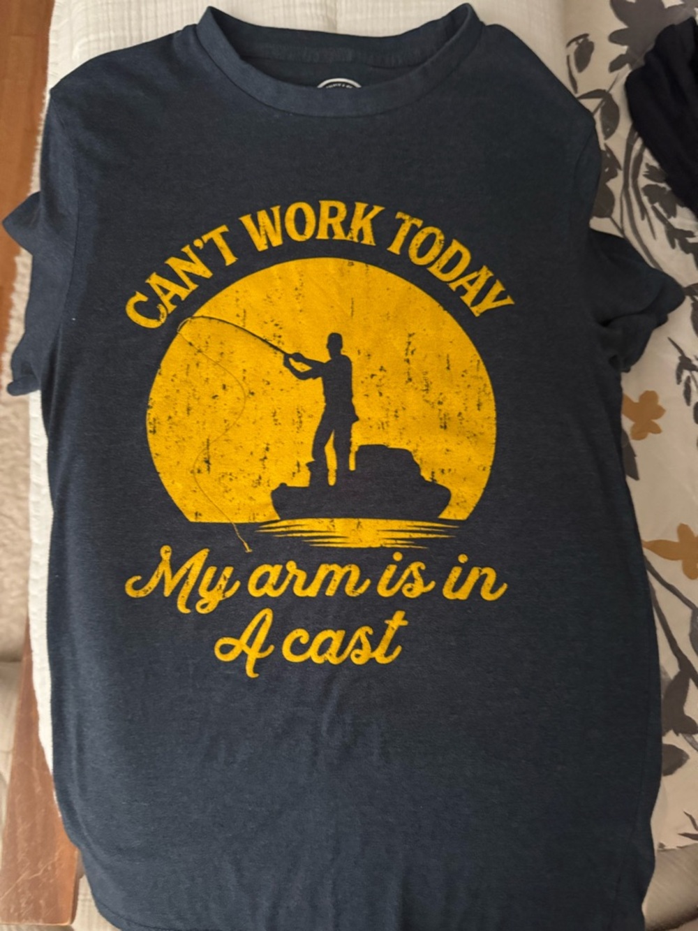 Crazy Dog T-Shirts Navy Short-Sleeve Fishing Graphic Tee with Yellow Print